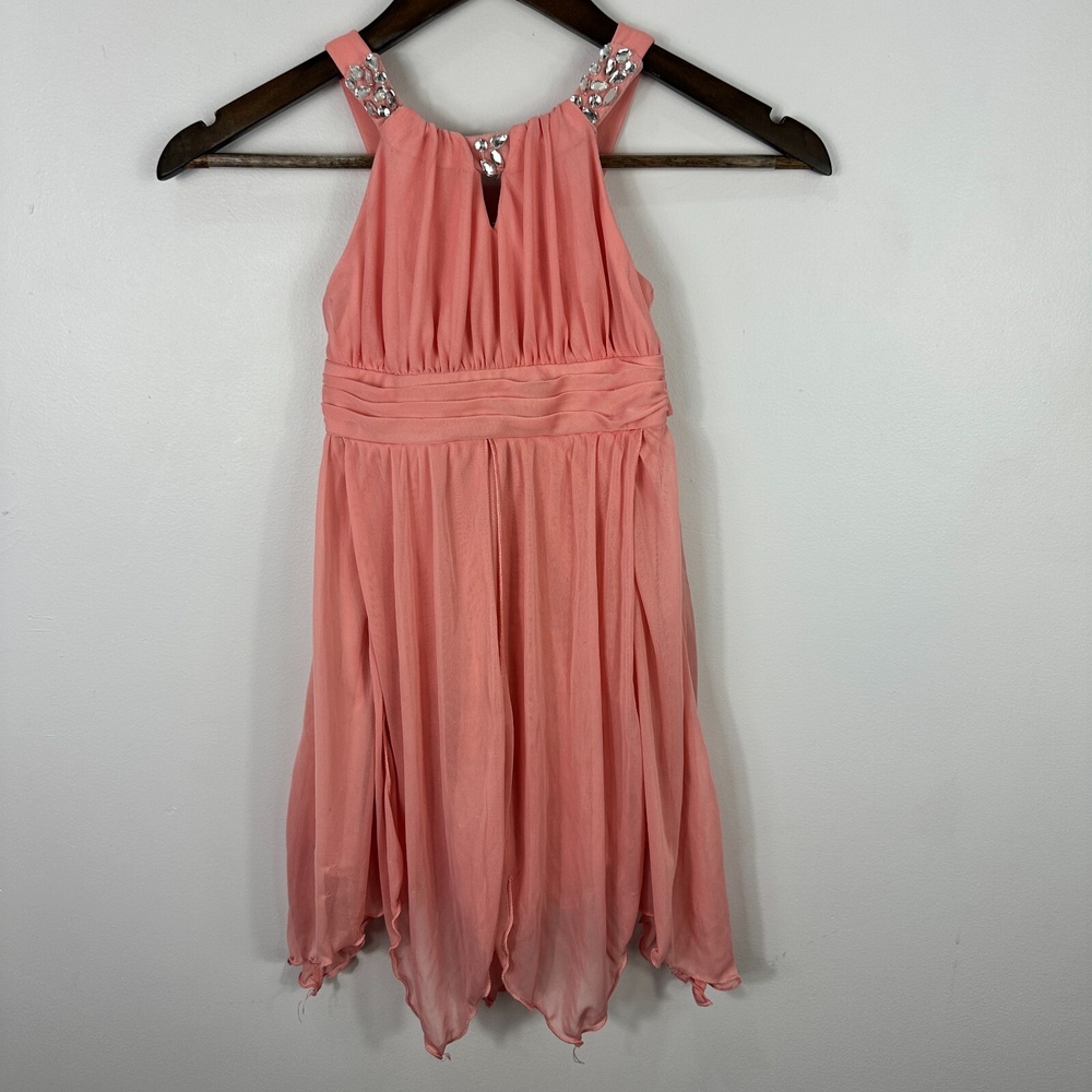 Rare Editions Dress Girls 5 Beaded Sleeveless Pink Handkerchief Hem Formal Y2K